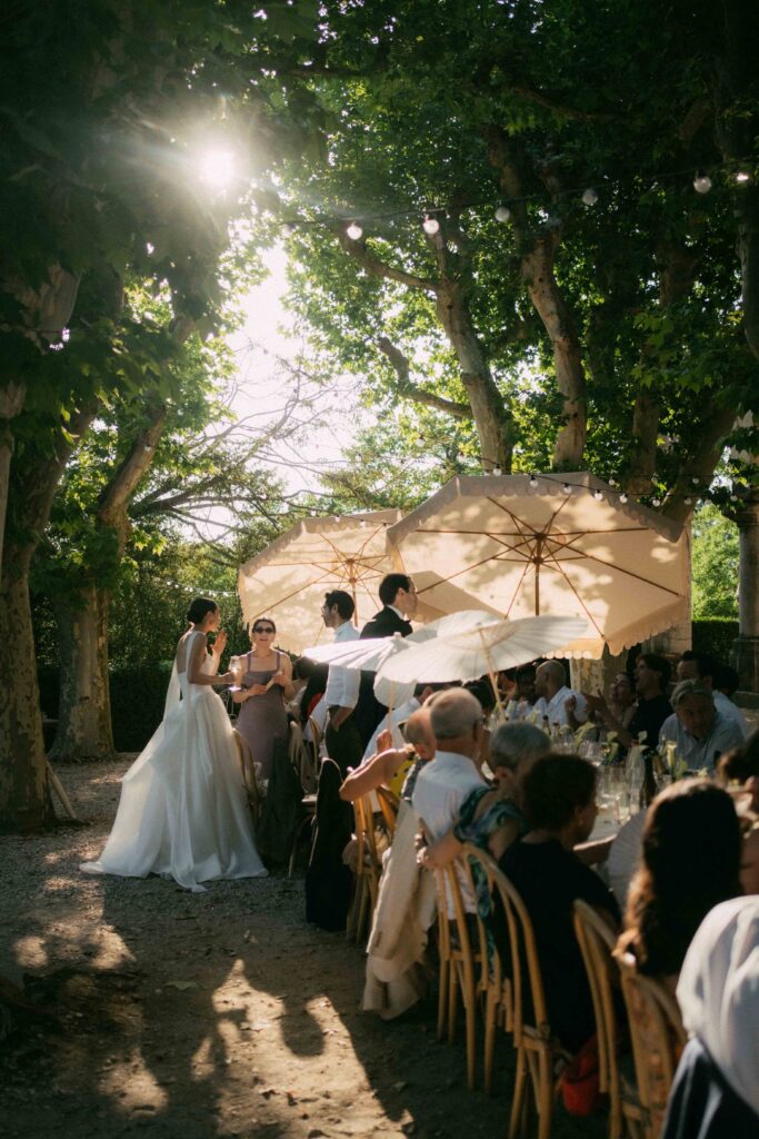 perfect sunset light during dinner outside of the chateau