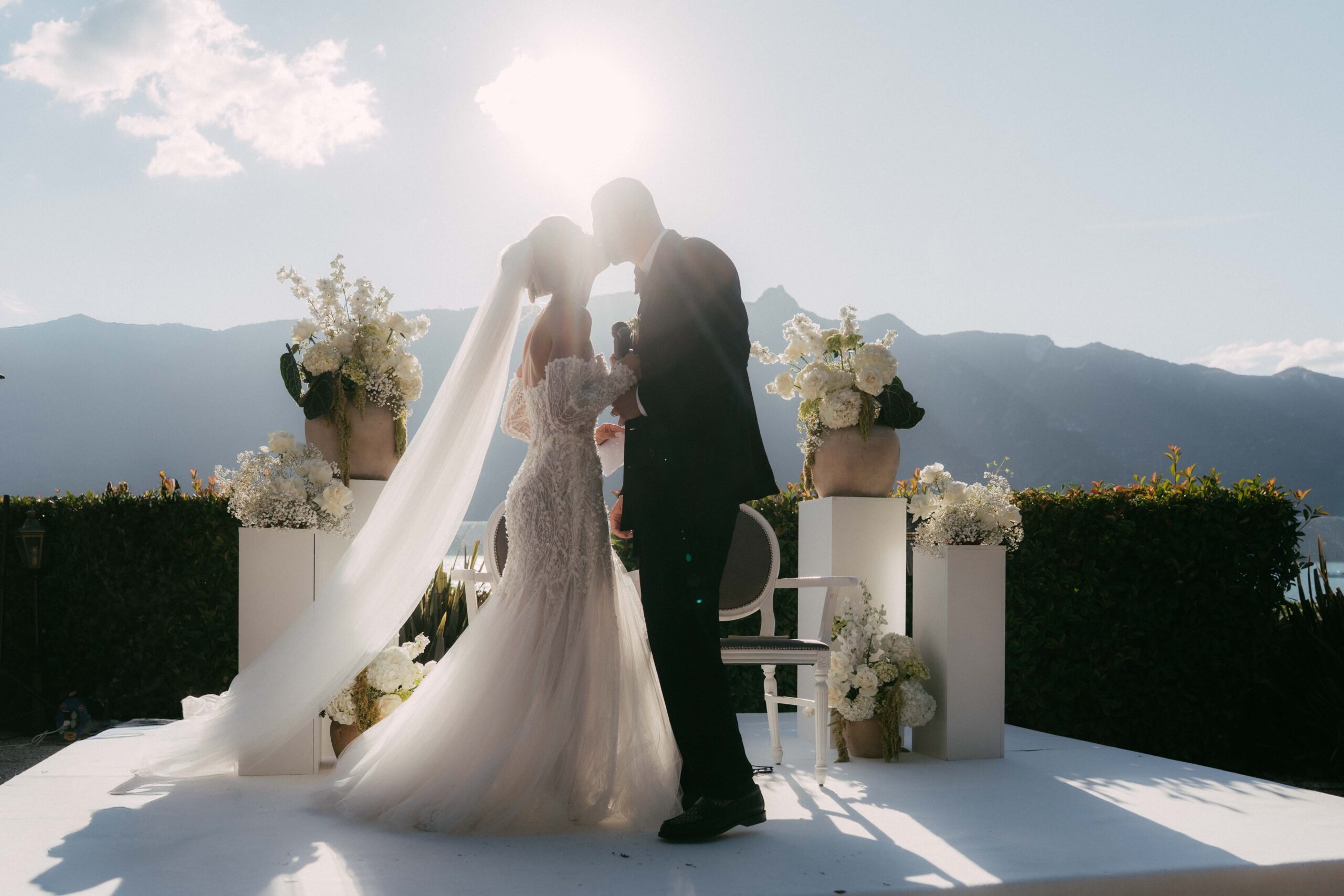 wedding ceremony kiss by the lake