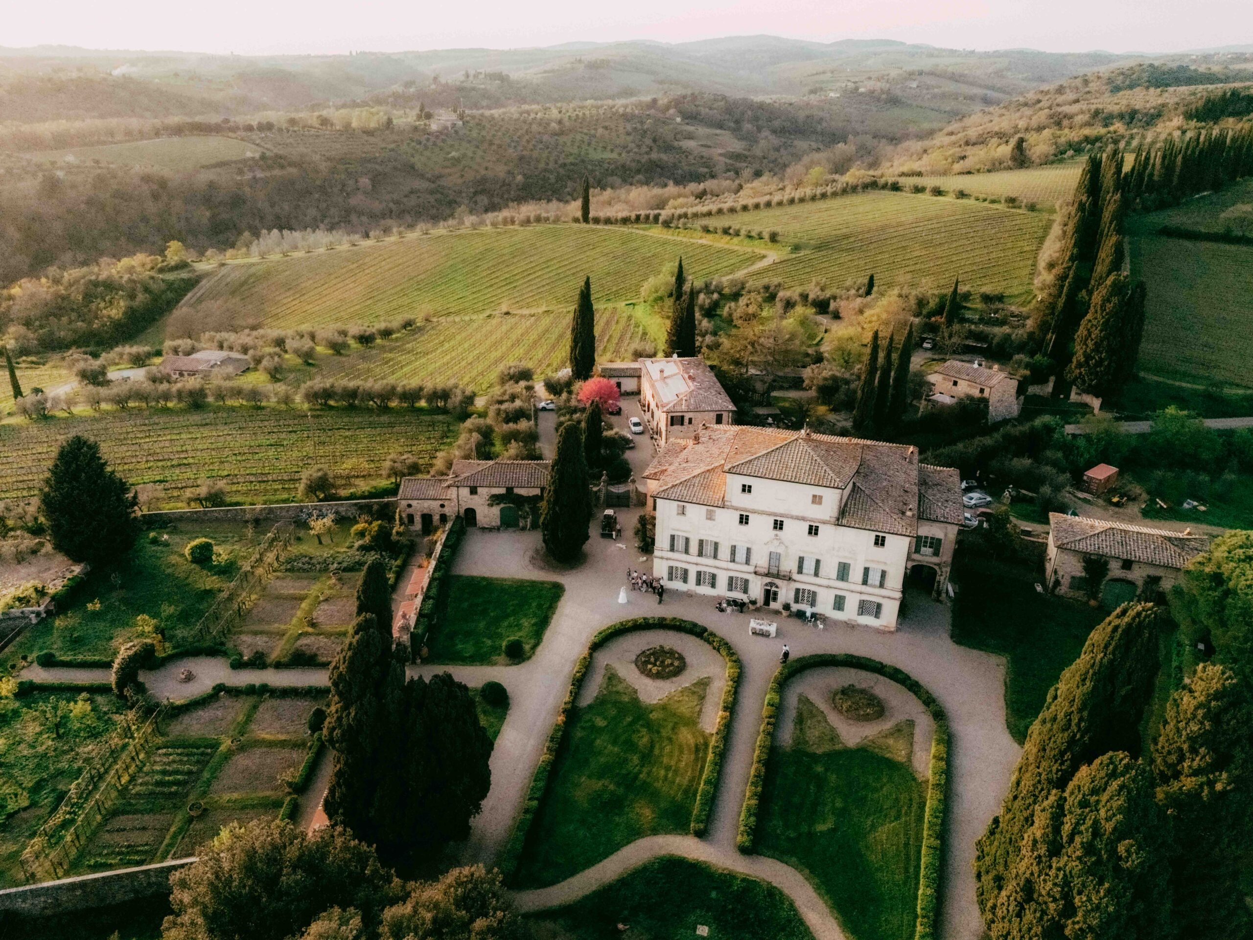 drone shot of the villa surrounded by vineyards